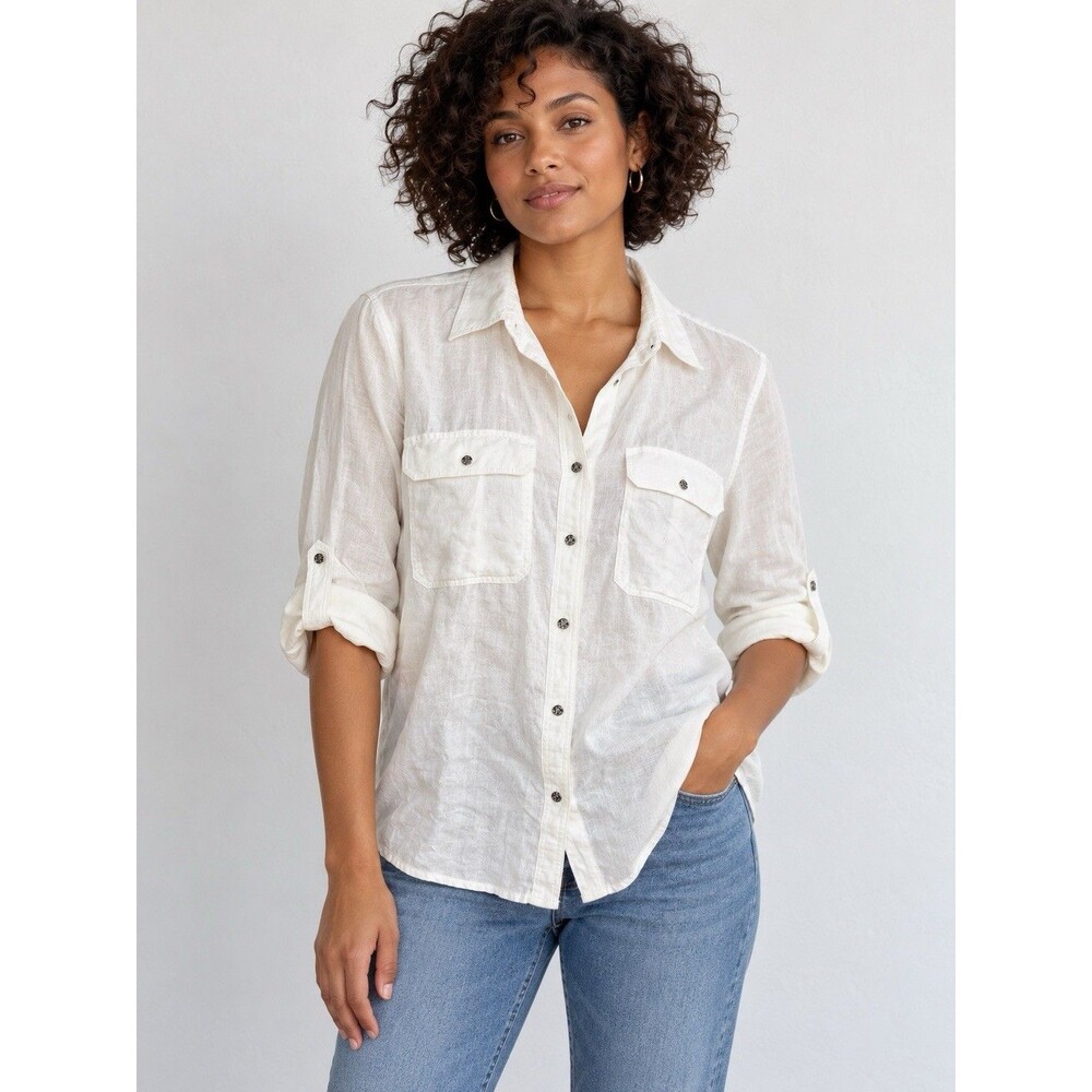 Lauren Ralph Lauren Womenโs White 100% Linen Utility Shirt Size L Roll Tab E